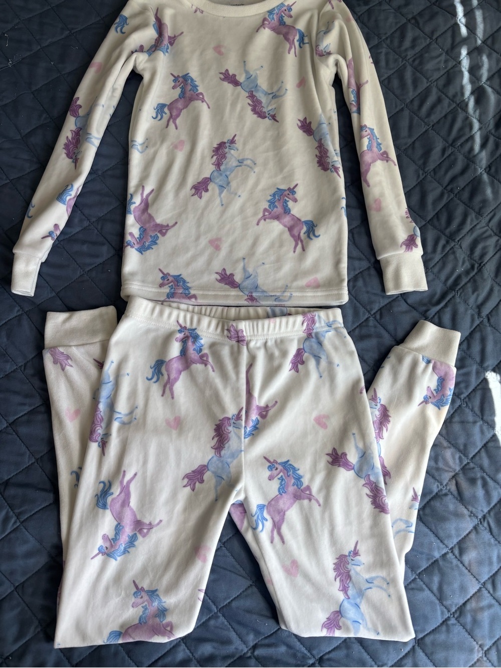 NWOT Girls’ Carter’s’ Fleece Unicorn PJ Set; White with purple and blue graphics
